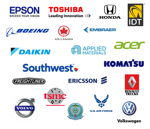 Industry clients including Epson, Toshiba, Honda, Boeing, Air Canada, Embraer, Daikin, Applied Materials, Acer, Southwest Airlines, Komatsu, Freightliner, Ericsson, Renault Trucks, Volvo, TSMC, U.S. Air Force, Volkswagen, and IDT